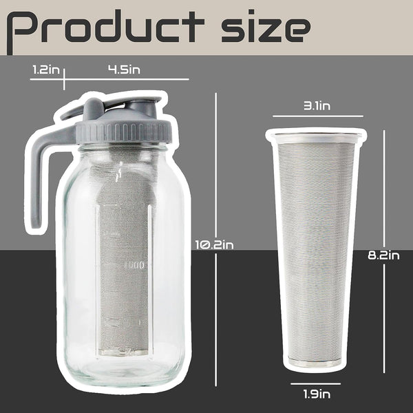 Cold Brew Coffee Maker Pitcher, 64 Oz Thick Glass Cold Brew Coffee Maker Mason Pitcher Spout Lid with Stainless Steel Filter for Iced Brew Coffee,Ice Tea,Lemonade,Sun Tea,Fruit Drinks