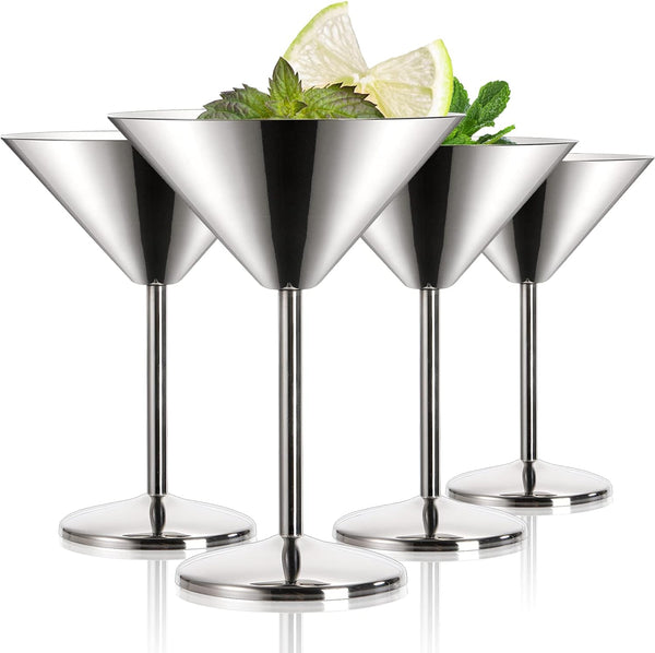 Peohud 4 Pack Stainless Steel Martini Glasses, 8 Oz Unbreakable Cocktail Glasses for Margarita, Manhattan, Champagne, Bar, Party, 18/8 Mirror Polished Finish, Shatterproof