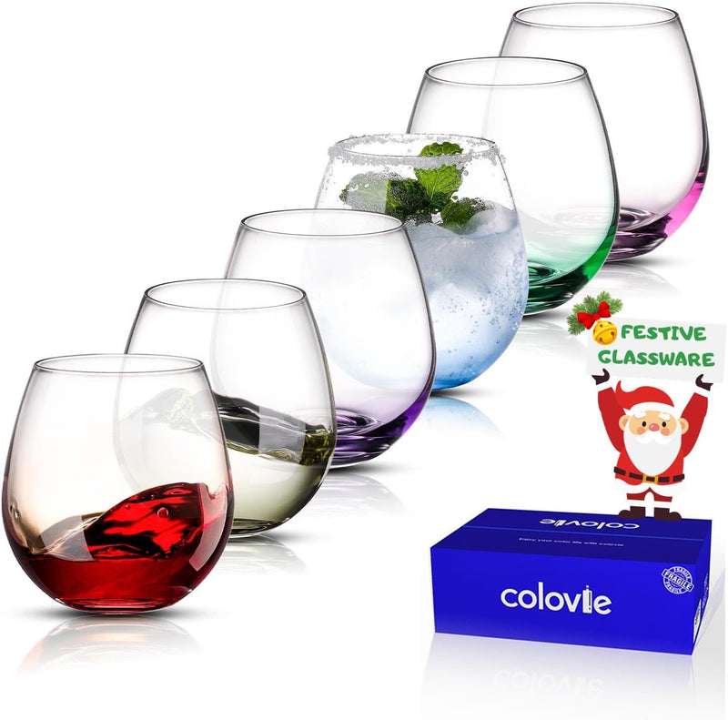 ColoVie 8oz Martini Glasses Set of 6, 100% Lead-Free Stemless Martini Glasses, Colored Cocktail Glasses, Margarita Glasses, Bar Glass, Liquor Drinking Glasses, Christmas, Housewarming Gift, Manhattan