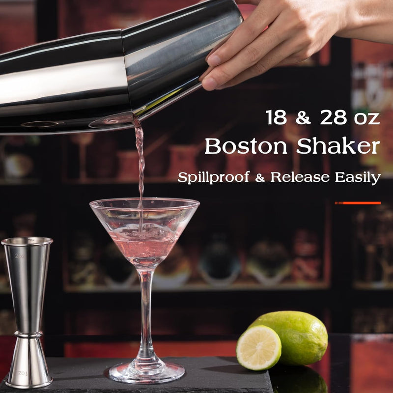 X Home Cocktail Shaker Set, Professional 4-Piece Bar Tool Set with Easy-to-Measure Jigger, 10-inch Mixing Spoon, Boston Shaker, and 2-Prong Bar Strainer, Bartender's Choice