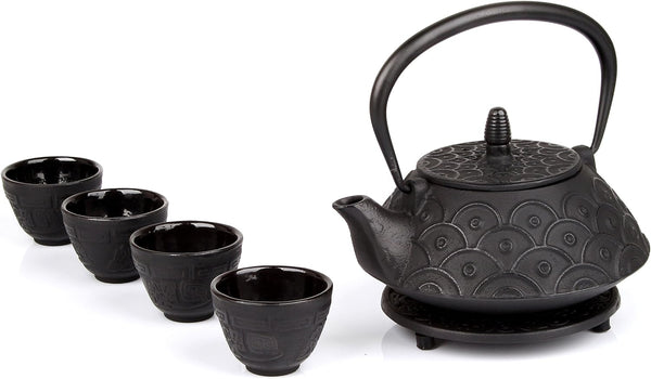 6 Piece Set Black Japanese Cast Iron Teapot(28 oz /800 ml) with 4 Tea Cups (2 oz each), Leaf Tea Infuser and Trivet.