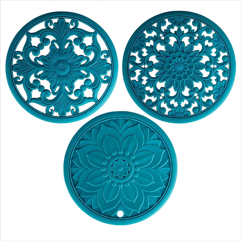 Viwehots Silicone Trivets Mats for Hot Pots and Pans, Square Microwave Non Slip Mat for Table or Counter, Multi-Use Carved Hot Pads and Mats, Heat Resistant Big Teapot Coaster Set of 3 Teal