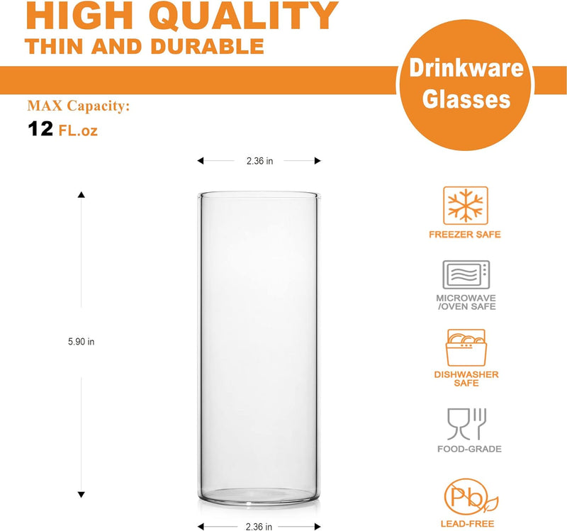 LUXU Drinking Glasses 12 oz, Thin Highball Glasses Set of 4,Elegant Bar Glassware For Water, Juice, Beer, Drinks, and Cocktails and Mixed Drinks,Lead-Free Pint Glasses,Glass Drink Tumblers