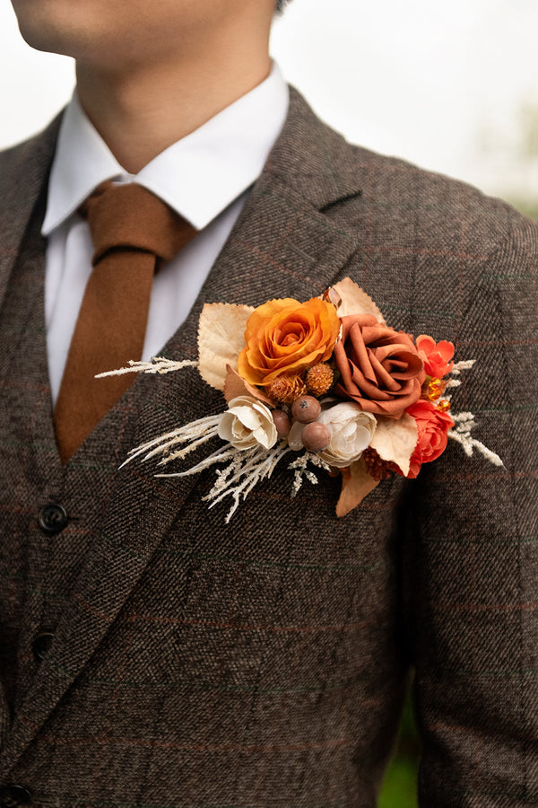 Terracotta Pocket Square Boutonniere for Groom