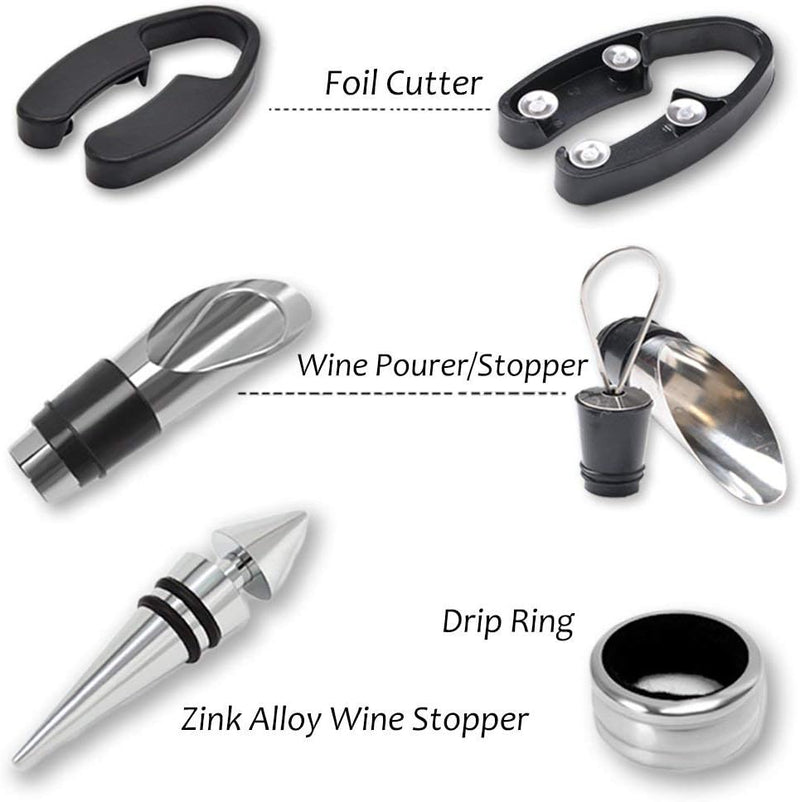 Kato Wine Accessories Gift Set - Wine Bottle Corkscrew Opener Kit, Drip Ring, Foil Cutter and Wine Pourer and Stopper in Novelty Bottle-Shaped Case Valentine's Gift, Black
