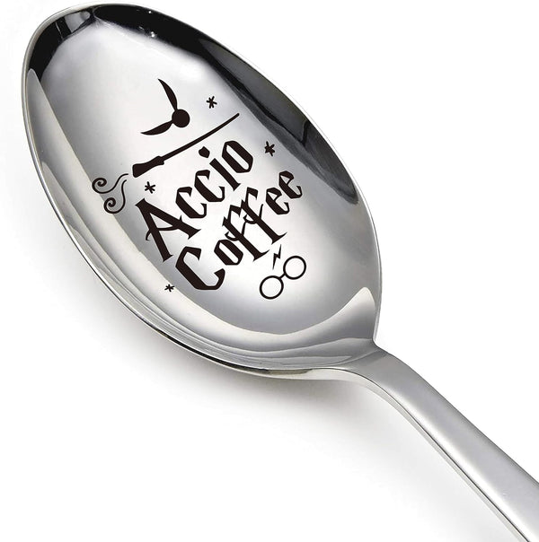 Myakako Accio Coffee - Funny Engraved Stainless Steel Spoon, Coffee and Ice Cream Spoon for Coffee Lovers, Bookworms, Harry Potter Fans Birthdays, Valentine's Day, Christmas Gifts