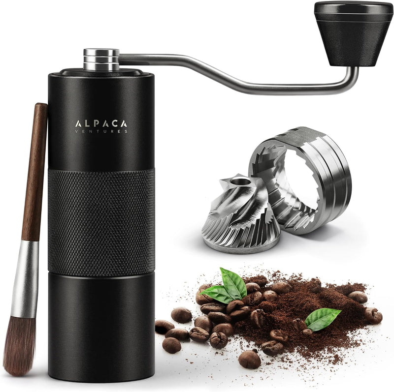 Manual Coffee Grinder by Alpaca Ventures - Stainless Steel Conical Burr Coffee Grinder Manual with Adjustable Setting Double Bearing Hand Espresso Grinder Perfect for Home, Office, and Camping