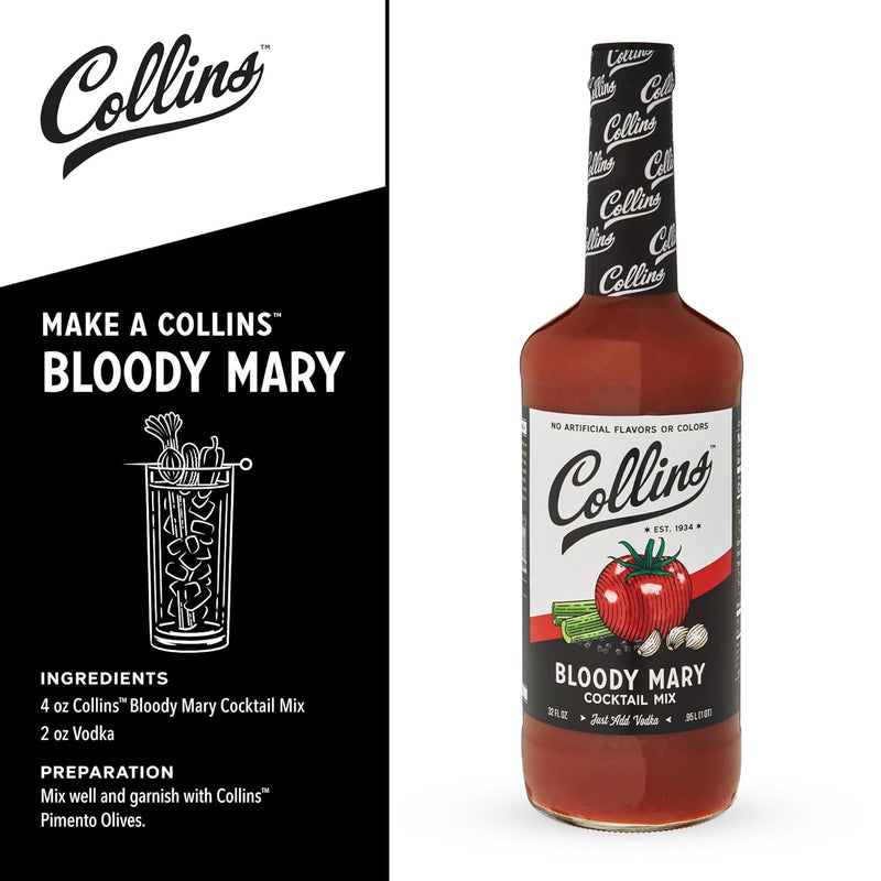 Collins Classic Bloody Mary Mix, Made With Tomato, Garlic, Worcestershire Sauce and Spices, Brunch Cocktail Recipe Ingredient, Bartender Mixer, Drinking Gifts, Home Cocktail bar, 32 fl oz