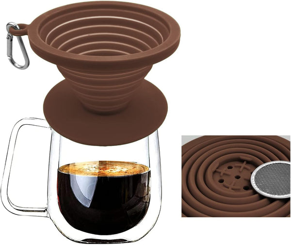 Collapsible Coffee Dripper Pour Over Coffee Filter, Silicone Reusable Coffee Maker,Paperless Coffee Brew Maker,Dishwasher Safe,Carabineer for Hiking, Backpacking,Camping,Home,Office(Brown)
