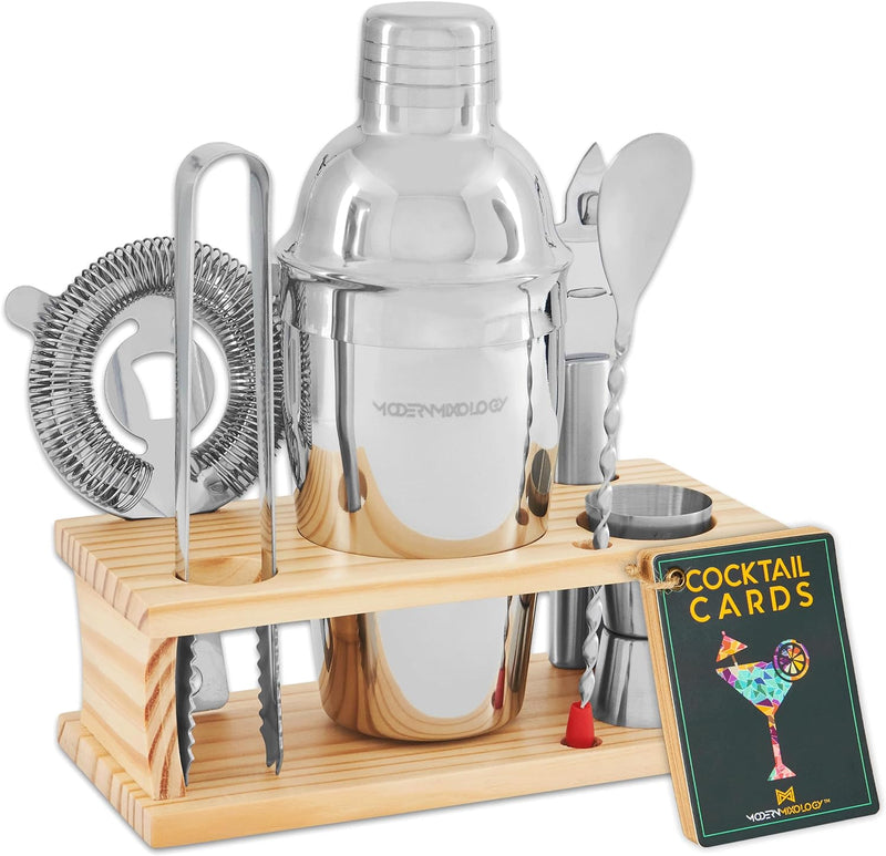 Mixology Bartender Kit - 8-Piece Silver Cocktail Shaker Set with Pine Wood Stand, Recipe Cards, and Bar Accessories Ideas