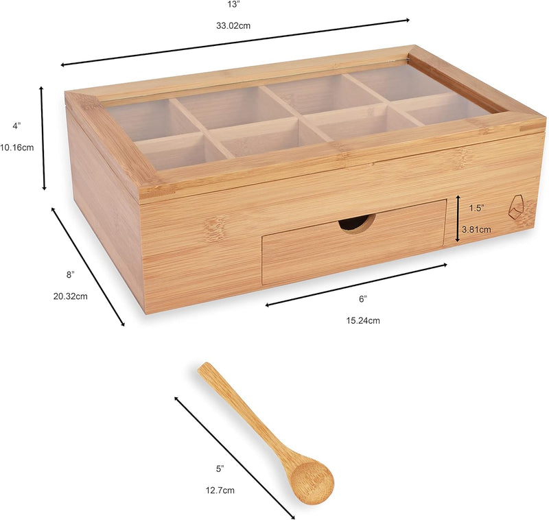 JAIG Products Tea Box - Bag Storage Holder Organizer - Bamboo Wood Chest Container - Has 8 Compartments -Comes with Drawer - Complete with Bamboo Spoon