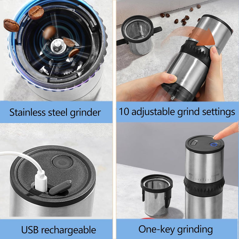 Electric Burr Coffee Grinder Portable Rechargeable Coffee Maker Stainless Steel Coffee Bean Grinder Machine for Beans with 15 gind Settings (Black9109)