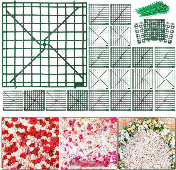 Artificial Flower Grid Panels - 24 Pieces - 10x10 Inch - Plastic Fences Decorative Wall Display - Wedding Party Decoration