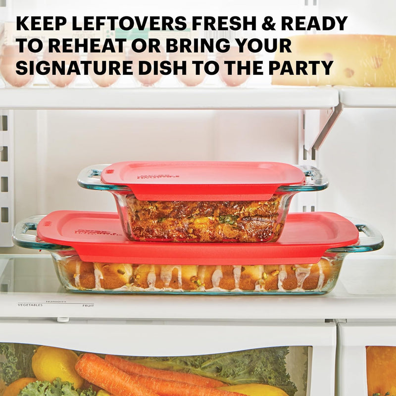 Pyrex Easy Grab 4-PC (2-QT, 3-QT) Extra Large Glass Baking Dish Set With Lids, Large Handles For Easy Holding, Pre-heated Oven Freezer Dishwasher Safe