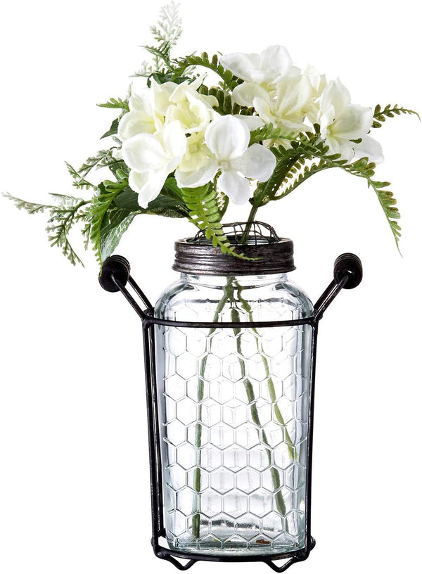 Glass Flower Jar Vase in Metal Stand with Metal Frog Lid, Decorative Centerpiece for Home or Wedding (5.5"L X 3"W X 7"H)