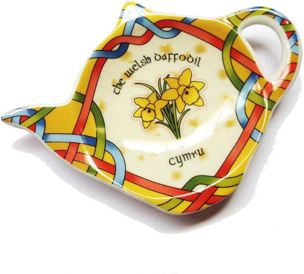 Welsh Daffodil Teabag Holder - Irish Tea Bag Coaster Wales Teapot Shaped Resting Caddy Saucer St. Davids Day Gift Made of New Bone China H8.5cm W11.5cm