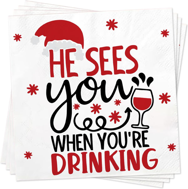 Funny Christmas Cocktail Napkins, 50 Pack Beverage Paper Napkins, He Sees You When You're Drinking Napkins, Novelty Christmas Party Supplies, Holiday Home Table Decorations, 3-Ply, 6.5x6.5 inch