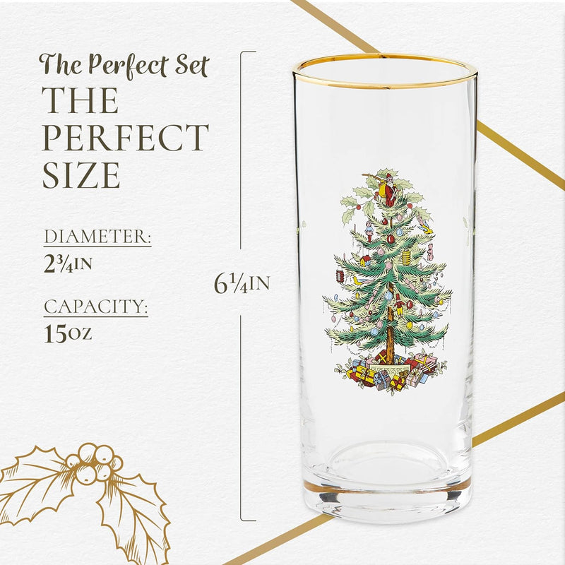 Spode Christmas Tree Glassware - Set of 4 -Made of Glass – Gold Rim- Classic Drinkware - Gift for Christmas, Holidays, or Wedding - Drinking Glasses (Highballs)