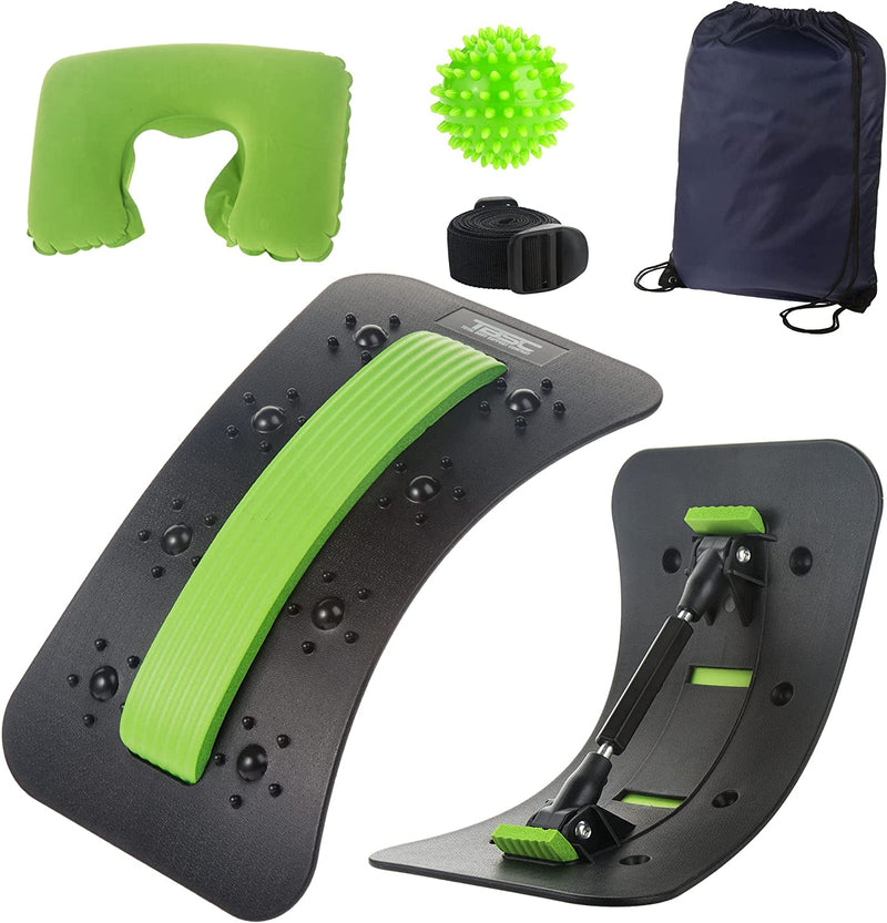 Back Cracker Device for Back Pain & Lumbar Support, Set of Back Stretcher Chiro Board, Neck Pillow, Massage Ball and Travel Bag, Must-Have Massage Tools, Green - TBSC