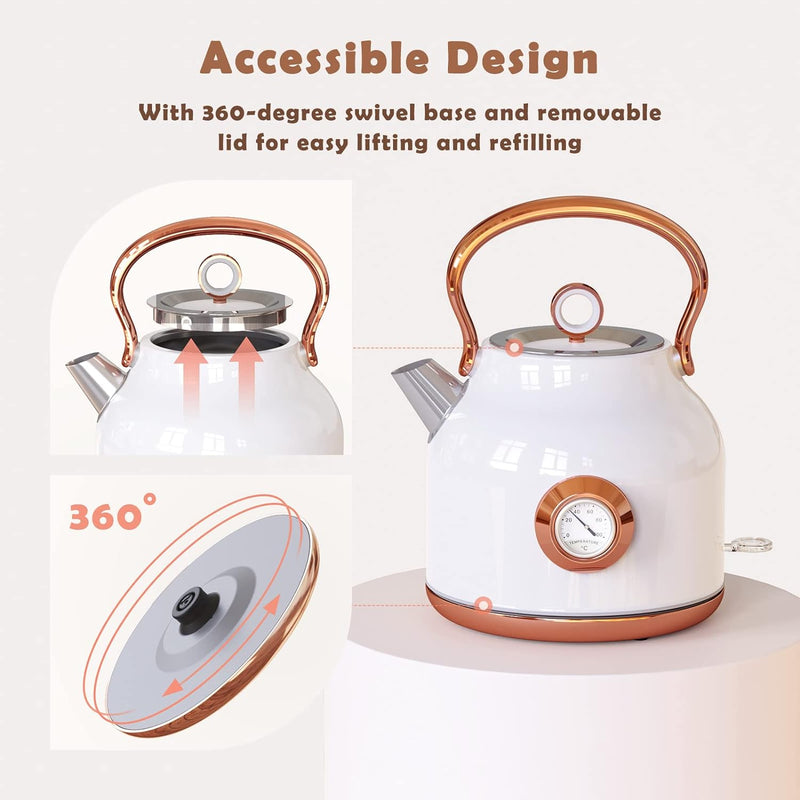 NESSGRAIM Retro Electric Kettle, 1.7L Stainless Steel Tea Kettle with Large Temperature Gauge, 1500W Fast Heating Hot Water Boiler with LED Indicator, Auto Shut-off & Boil-Dry Protection-Elegant White