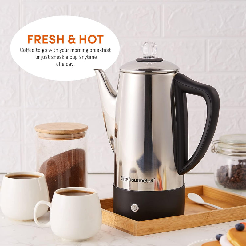 Elite Gourmet EC812# Electric 12-Cup Coffee Percolator with Keep Warm, Clear Brew Progress Knob Cool-Touch Handle Cord-less Serve, Stainless Steel