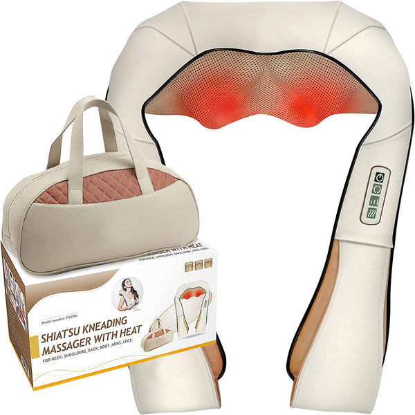 FS8801 Shiatsu Neck and Back Massager with Heat Deep Kneading Massage for Neck, Shoulders, Back, Legs, Feet for Home, Office, Car - Beige