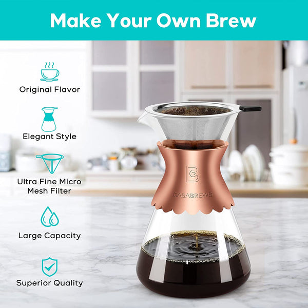 CASABREWS Pour Over Coffee Maker, Coffee Dripper Brewer with Reusable Double-layer Stainless Steel Filter, 34oz Heat Resistant Glass Coffee Pot, Elegant Coffee Carafe, Rose Gold