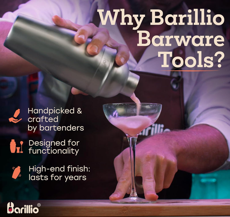 barillio Elite Cocktail Shaker Set Bartender Kit 24 oz Stainless Steel Martini Mixer, Muddler, Mixing Spoon, Jigger, 2 Liquor pourers, Velvet Bag, Recipes Booklet & eBook