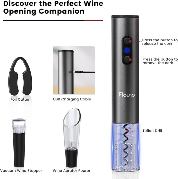 Flauno Electric Wine Opener Rechargeable - Automatic Wine Bottle Opener, Electric Corkscrew Wine Opener with Foil Cutter, Vacuum Wine Stopper, Wine Aerator Pourer, USB C Charger, Wine Gift Set