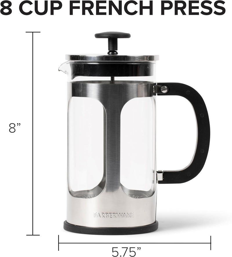 Farberware French Press Coffee Maker, Tea & Espresso Maker, Stainless Steel Cold Brew Press, Heat-Resistant Borosilicate Glass, BPA-Free, Measuring Spoon Included, 8 Cup Capacity (Stainless)