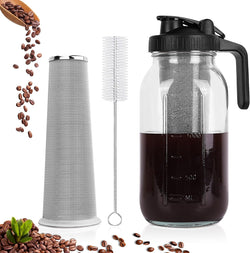 QHH Cold Brew Coffee Maker, 64 oz Wide Mouth Mason Jar Pitcher with Stainless Steel Filter, Pour Spout Handle Lid, Heavy Duty Glass Airtight & Leak-Proof Pitcher for Iced Brew Coffee & Tea Lemonade