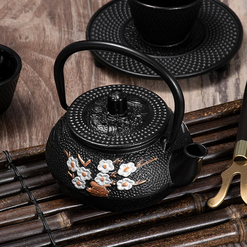 26 oz Japanese Cast Iron Teapot Cup Set Tea Kettle Maker Tetsubin with Infuser and Trivet, Black with Plum Blossom (Black Plum & Bamboo)