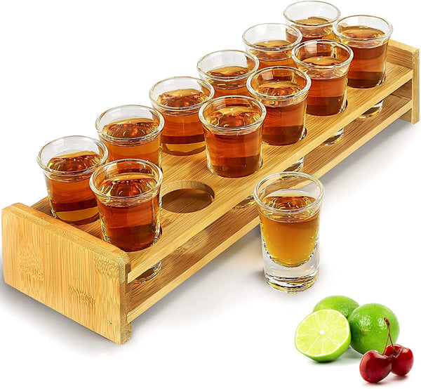 Supwinnet Shot Glasses Set 12pcs 30ml/1oz Shot Glass Tray Holder Organizer Straight Thick Base Clear Whiskey Tequila Glass Cups for Liqueurs Party Club Home Bar Drinking (Set of 12)