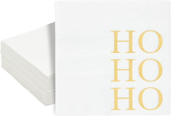 50 Pack Christmas Cocktail Napkins for Dessert, Holiday Party Supplies, Gold Ho Ho Ho Design (5 x 5 In)