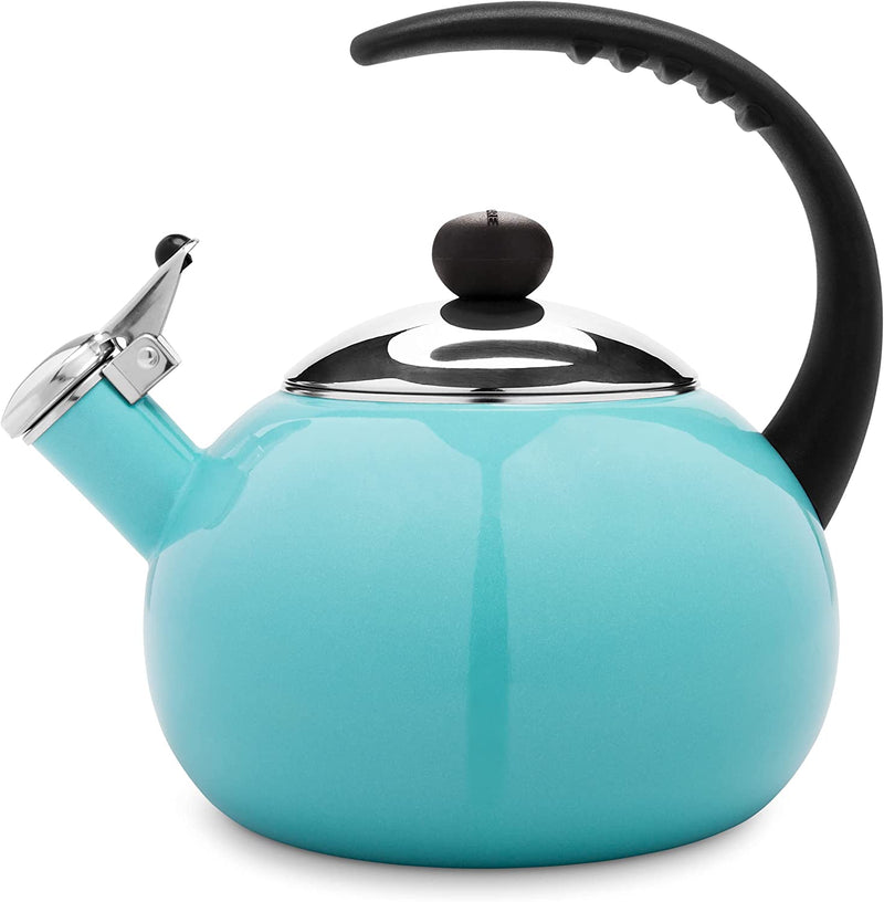 Farberware Luna Water Kettle, Whistling Tea Pot, Works For All Stovetops, Porcelain Enamel on Carbon Steel, BPA-Free, Rust-Proof, Stay Cool Handle, 2.5qt (10 Cups) Capacity (Aqua)