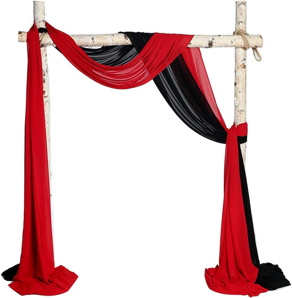 Chiffon Fabric Drapery Wedding Arch  Party Backdrop Curtain 27x216 in Red  Black