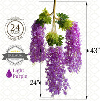 Wisteria Hanging Flowers - 24-Pack Fake Hanging Wisteria Vine - 43" Silk Vines Ratta Light Purple Flower Garland - Artificial Decoration Outdoor Wedding Party Arch Decor - Faux Wisteria