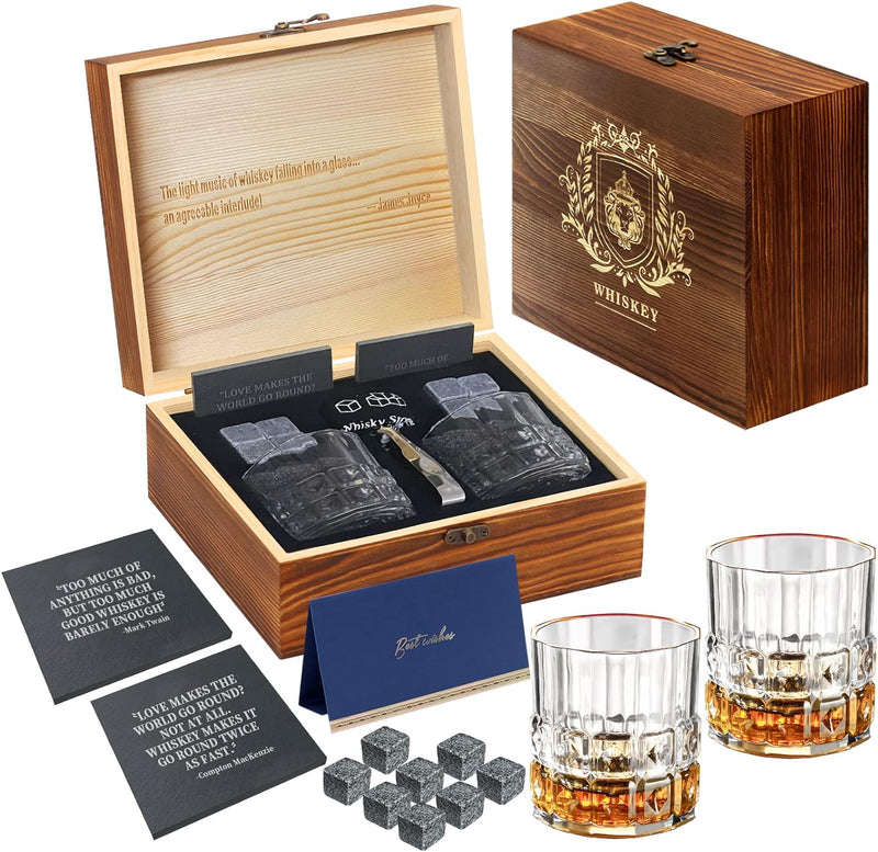 Whiskey Stones and Whiskey Glass Gift Set, DIOXADOP 8 Natural Whisky Stones 1 Crystal Whisky Glasses with Blessing Card in Exquisite Wooden Box, Prepare a Gift for a Whisky Scotch Bourbon Lover