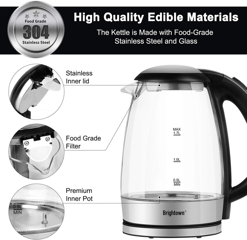 Electric Kettle Temperature Control Glass Hot Water Boiler with 4 Colors LED Indicator Tea Heater Fast Heating with Keep Warm Function Auto Shut Off and Boil Dry Protection (1.7L)