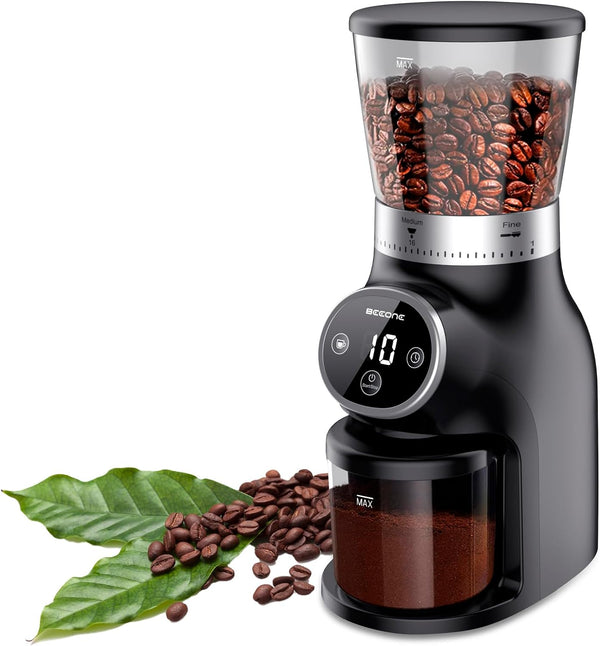 BEEONE Conical Burr Coffee Grinder with Digital Control, Espresso Grinder with 31 Precise Settings for 1-10 Cups, Coffee Grinder Electric with Time Display and Countdown Display, Black