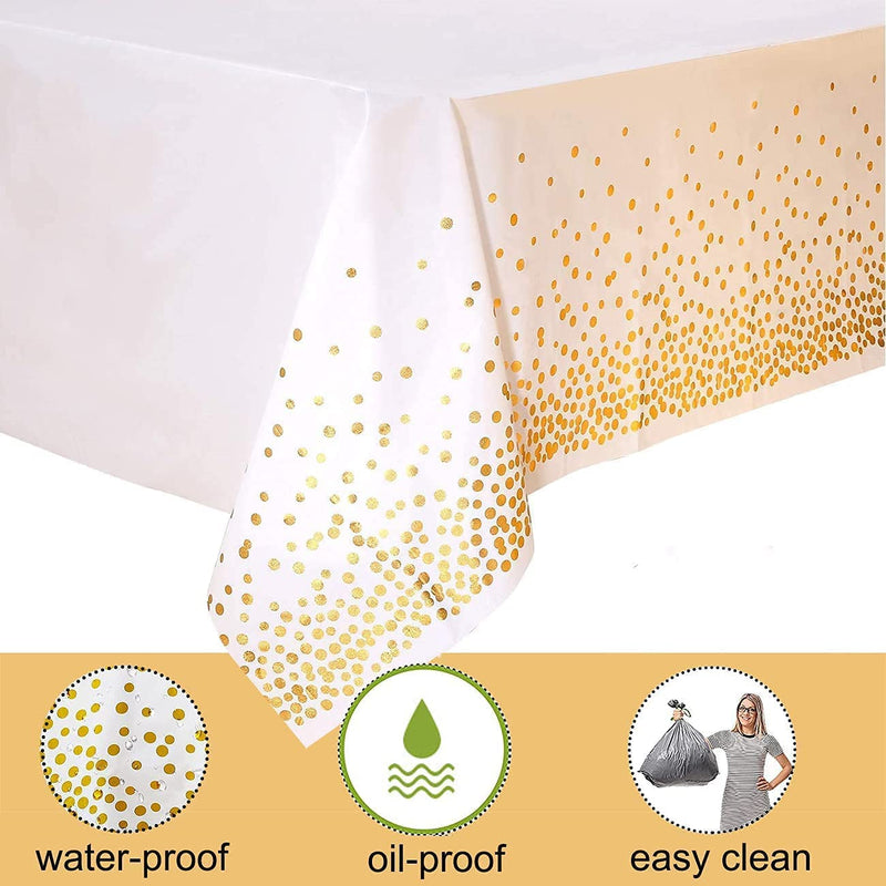 2 Pack Gold and White Disposable Tablecloths - Rectangle Table Covers for Special Occasions - 54 x 108