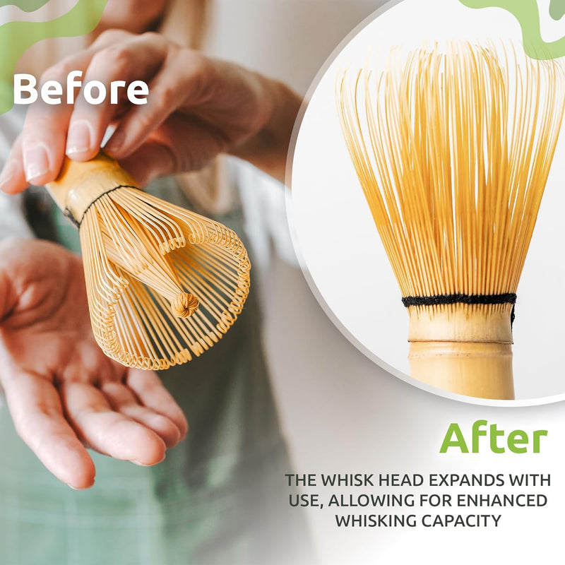 Bamboo Matcha Whisk with Bamboo Spoon and Hooked Bamboo Scoop (Chashaku) Set by MATCHA DNA - Traditional Matcha Whisk Made from Durable and Sustainable Golden Bamboo for Matcha Tea Preparation