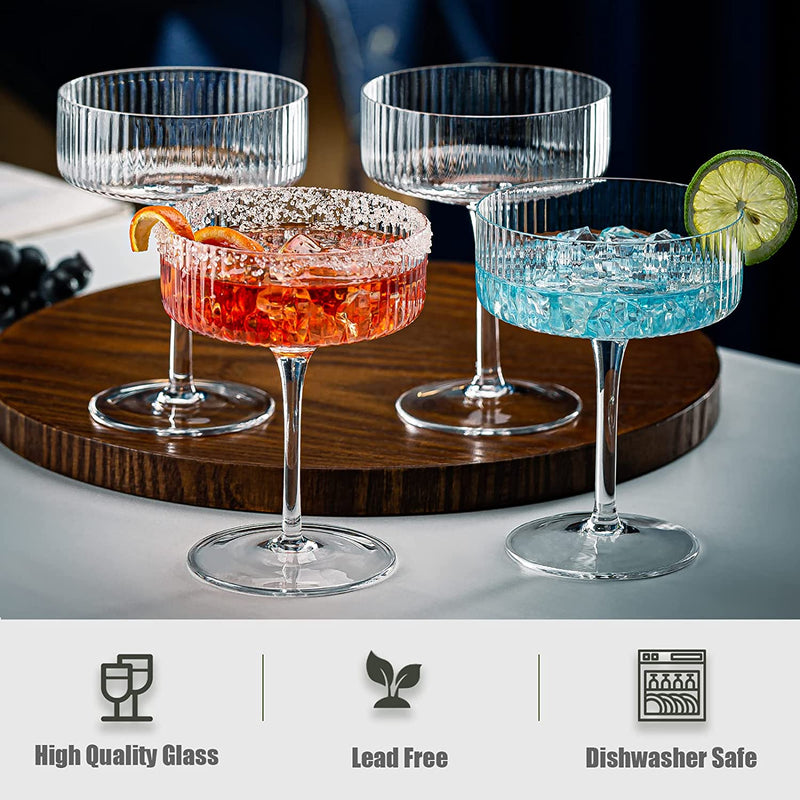 wookgreat Vintage Art Deco Coupe Glasses, Set of 6 Ribbed Coupe Cocktail Glasses, 10 oz Classic Martini Glasses, Elegant Hand Blown Manhattan Goblet  for Bar, Martini, Cosmopolitan, Gimlet, Pisco Sour