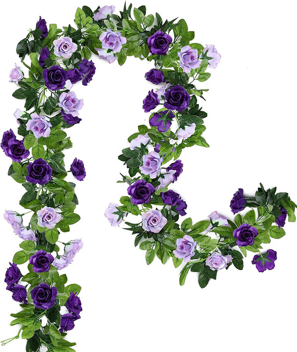 2 Pack 158FT Artificial Rose Vine Garlands - Fake Flower Silk Hanging Ivy for Wedding Arch Party Home Decor - Purple