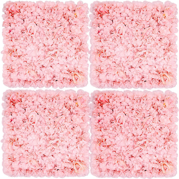 4-Pack Pink Artificial Flower Wall Panels - 10x10 Silk Rose Mat for Wedding Party  Photography