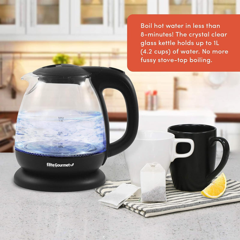 Elite Gourmet EKT1001 Electric 1.0L BPA-Free 1100W Glass Kettle Cordless 360° Base, Stylish Blue LED Interior, Handy Auto Shut-Off Function – Quickly Boil Water For Tea & More, Black