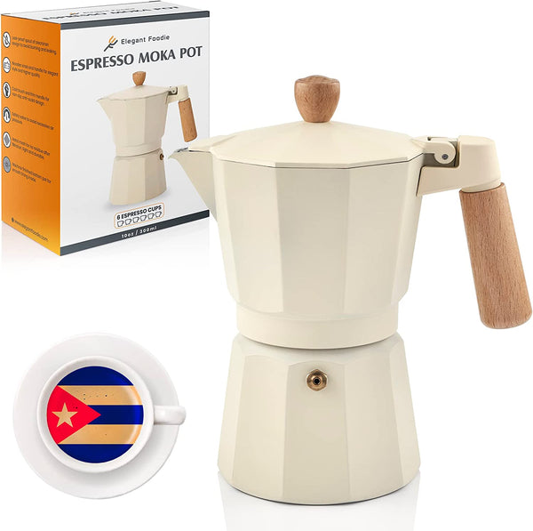 Elegant Foodie Cuban Coffee Maker - Stylish Espresso Moka Pot 6 Cup 10 Oz For Classical Taste Italian Coffee Enthusiast - Quality Wooden Parts And Aluminum Stovetop Espresso Maker