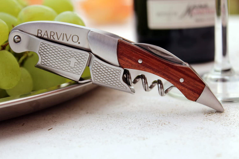 Barvivo Natural Rosewood Wine Opener with Foil Cutter Knife & Cap Remover, Double Hinged Manual Wine Key for Bartenders, Servers, Waiters, Stainless Steel Wine Bottle Opener Corkscrew