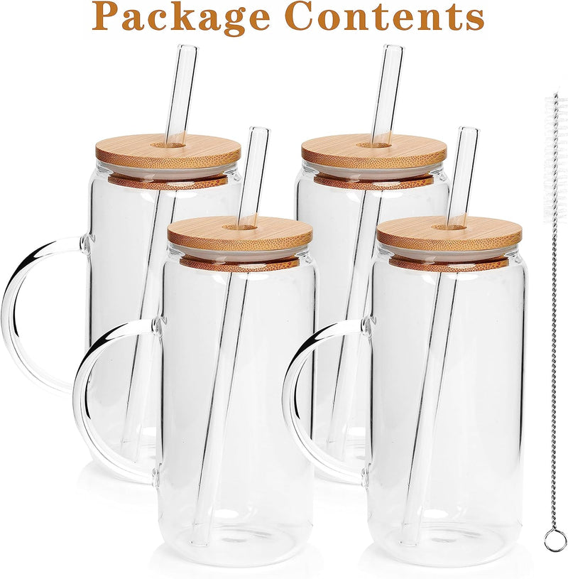 ANOTION Glass Cups 4 Packs, 16oz Coffee Cups with Lids and Glass Straws Coffee Mugs Clear Tumbler With Handle Glassware Drinking Glasses Set for Hot/Cold Coffee Latte Tea Chocolate Juice