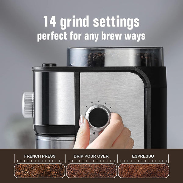 Ollygrin Flat Burr Coffee Grinder Electric, Coffee Bean Grinder Electric Espresso, Stainless Steel Coffee Bean Grinder With 14 Grind Settings 12 Cups SilverV01S